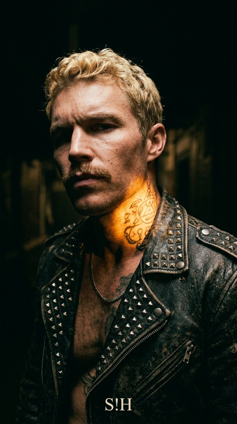 Viktor, a estrutura, com tatuagens e olhar firme